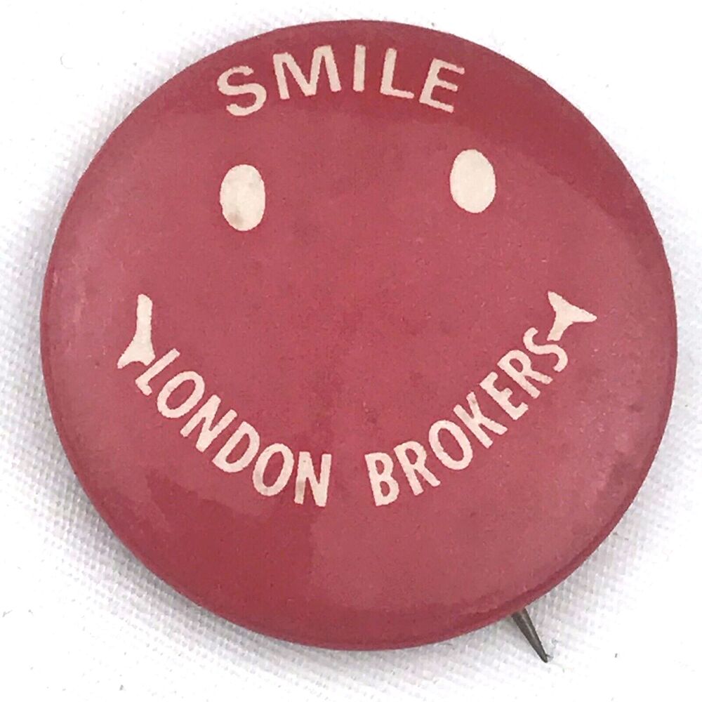 Smile London Brokers Vintage Pin Button Red And White